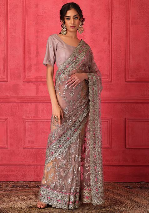 Buy Women Blush Pink Zari And Thread Emrboidered Saree Set With