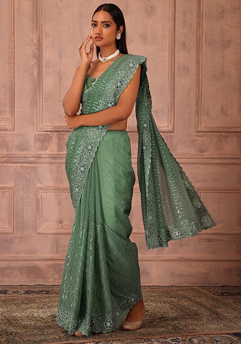 Green Floral Thread And Sequin Embroidered Saree Set With Stitched Blouse 
