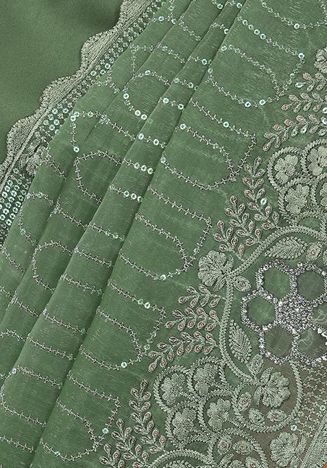 Green Saree Swarovski Sequin Blooming Work with Unique Border & Designer Blouse - Buy
