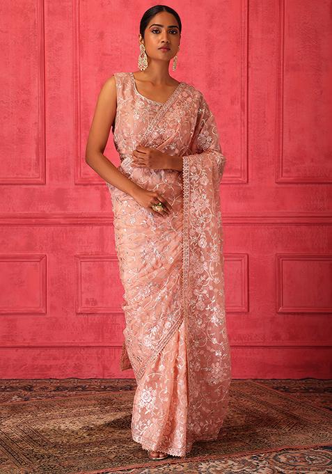 Peach Floral Sequin Embroidered Saree Set With Stitched Blouse 