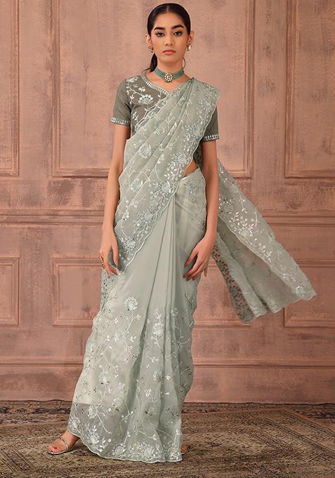Sea Green Thread And Zari Embroidered Saree Set With Stitched Blouse