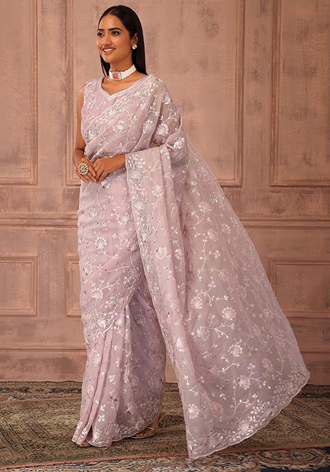 Blush Pink Thread And Zari Embroidered Saree Set With Stitched Blouse