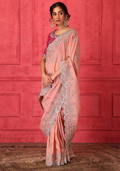 Pastel Pink Thread Embroidered Saree Set With Contrasting Stitched Blouse 