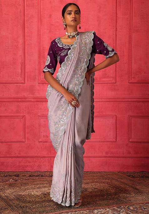 Blush Pink Thread Embroidered Saree Set With Contrasting Stitched Blouse 