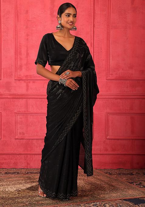 Black Crystal Embellished Saree Set With Stitched Blouse