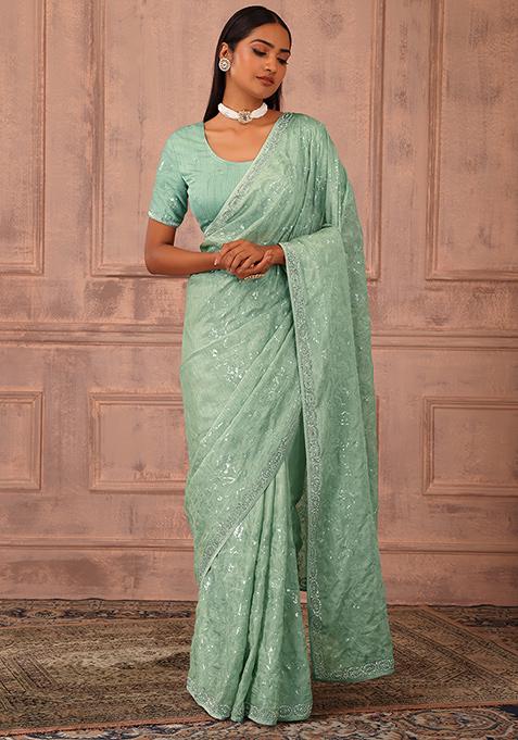 Sage Green Stone And Sequin Embroidered Saree Set With Stitched Blouse 