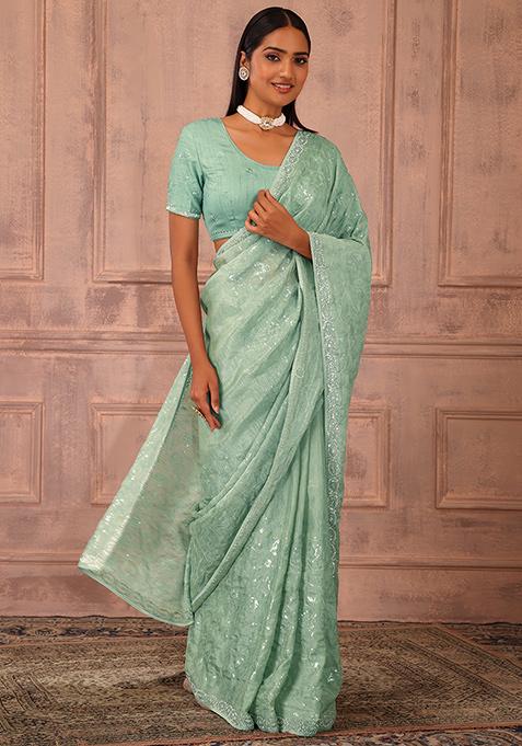 Sage Green Stone And Sequin Embroidered Saree Set With Stitched Blouse - GREEN SAREES LOOK FOR PARTY
