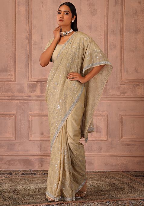Beige Stone And Sequin Embroidered Saree Set With Stitched Blouse 