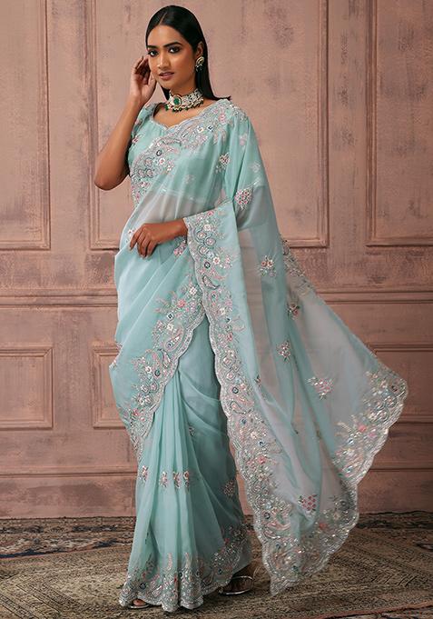Sage Green Floral Emrboidered Saree Set With Stitched Blouse