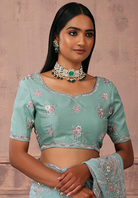 Sage Tiered Pre Stitched Saree With All Over Hand Embroidered Blouse