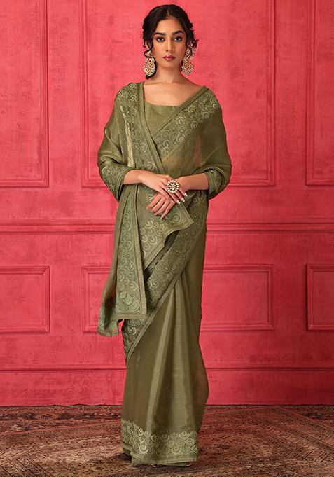 Light Green Scallop Thread Embroidered Saree Set With Stitched Blouse 