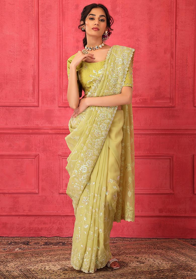 Buy Mustard Heavy Organza Embroidery Saree - AKSK Saree