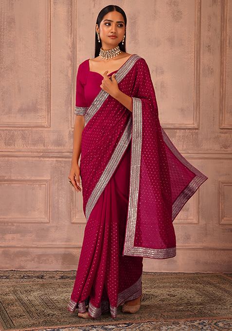 Red Thread Embroidered Saree Set With Stitched Blouse