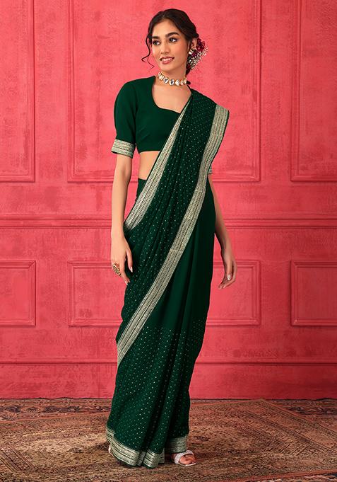 Buy Women Emerald Green Thread Embroidered Saree Set With Stitched ...