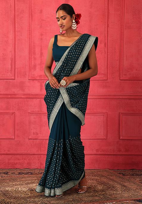 Teal Blue Thread Embroidered Saree Set With Stitched Blouse