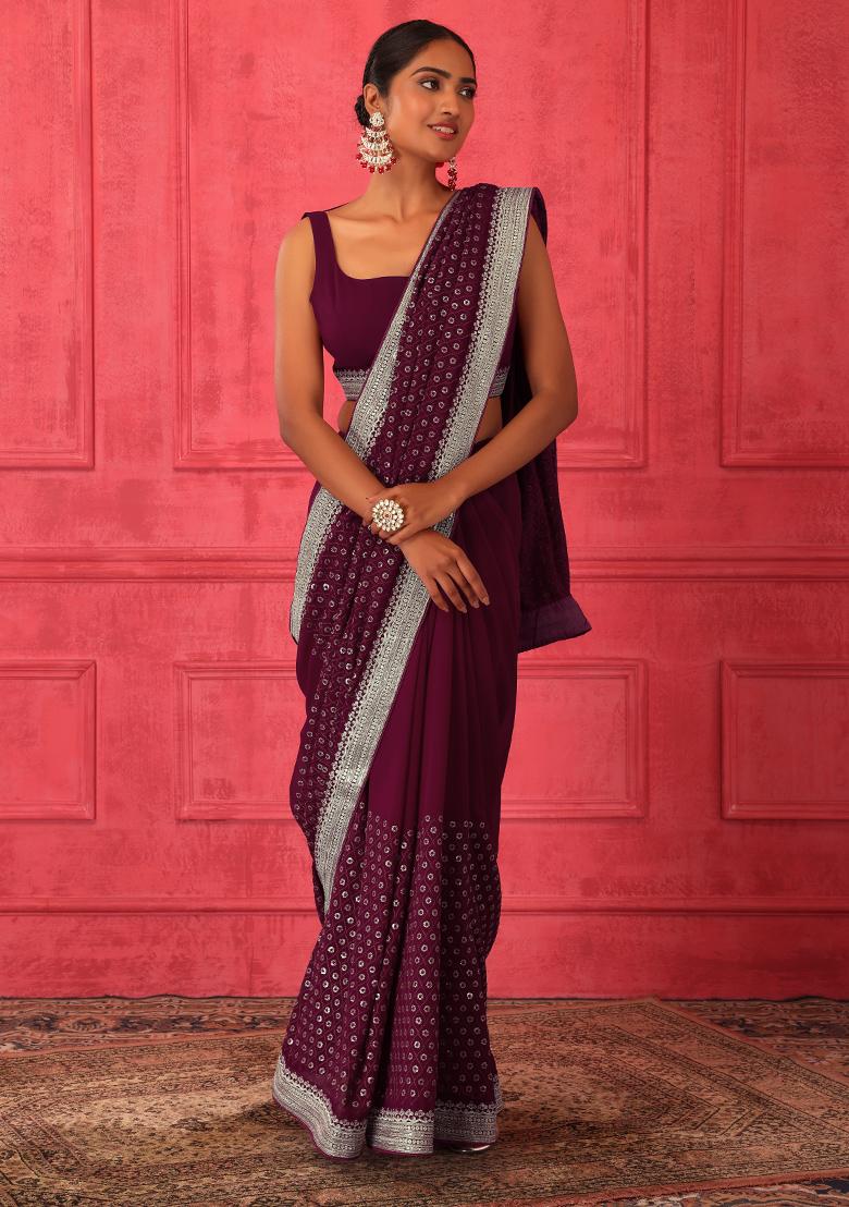 Banarasee Organza Silk Scallop Border Saree & Contrast Blouse-Maroon