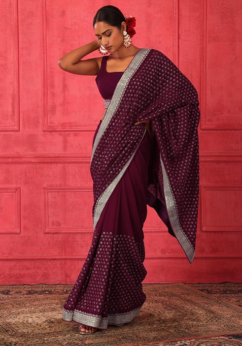 Wine Thread Embroidered Saree Set With Stitched Blouse