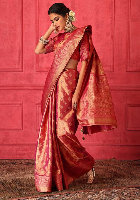 Peach Banarasi Brocade Saree Set With Stitched Blouse