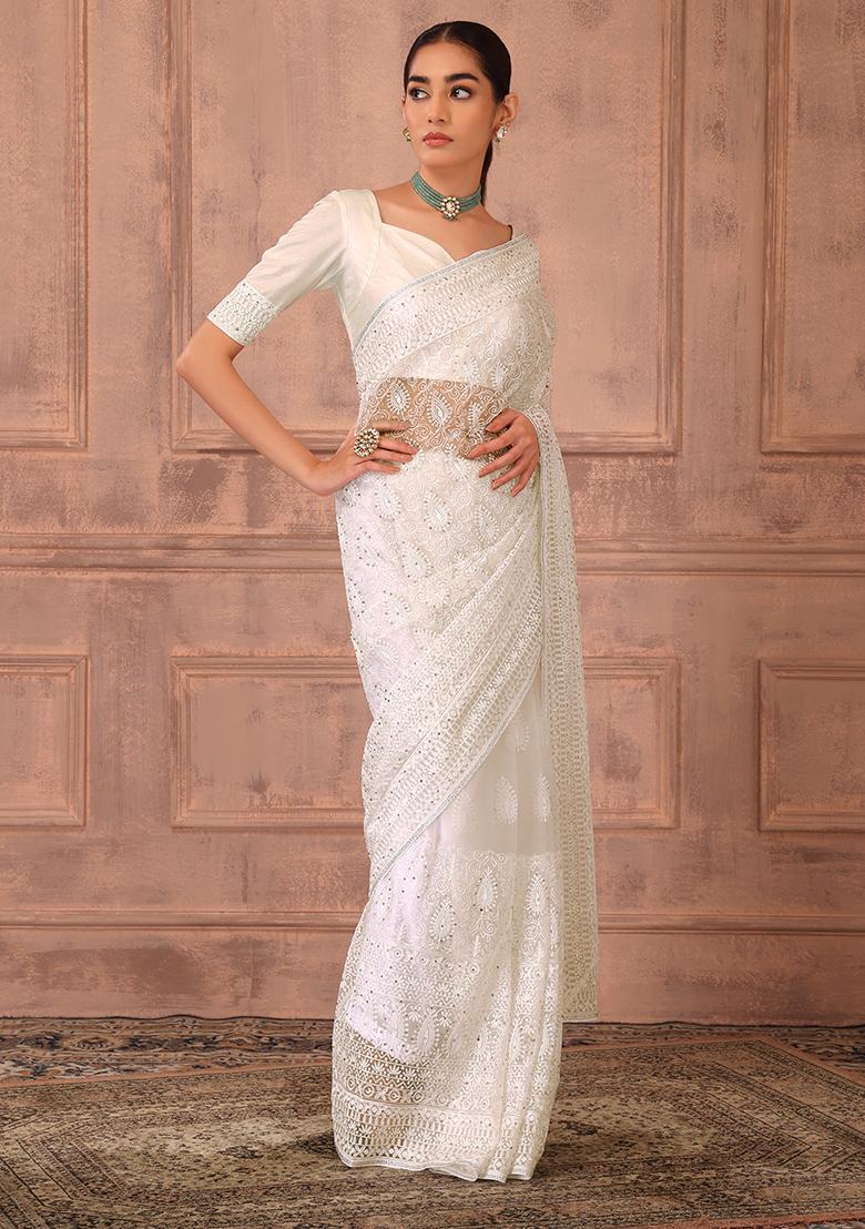 Buy Women White Thread Embroidered Mesh Saree Set With Stitched Blouse