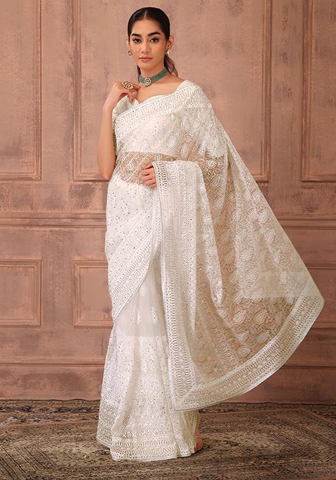 White Thread Embroidered Mesh Saree Set With Stitched Blouse