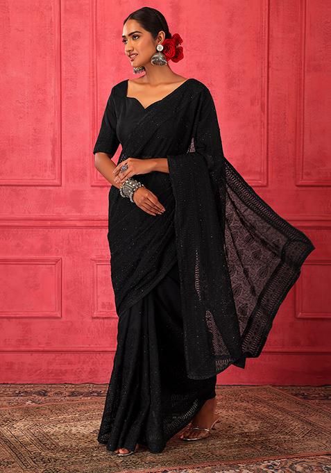 Black Thread Embroidered Mesh Saree Set With Stitched Blouse