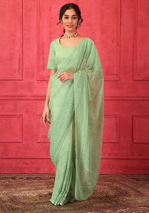 Light Green Embroidered Mesh Saree Set With Stitched Blouse
