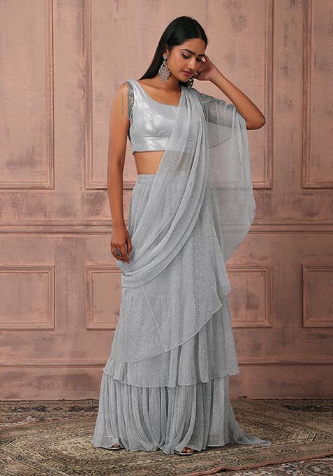 Silver Ruffle Pre-Stitched Saree Set With Sequin Embroidered Blouse