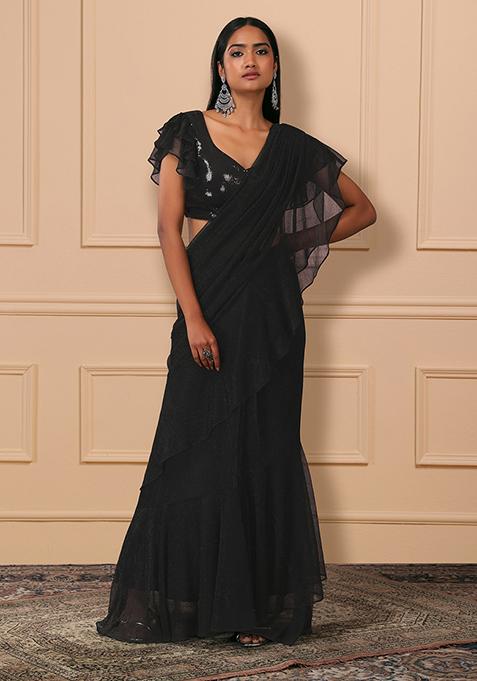 Black Ruffle Pre-Stitched Saree Set With Sequin Embroidered Blouse