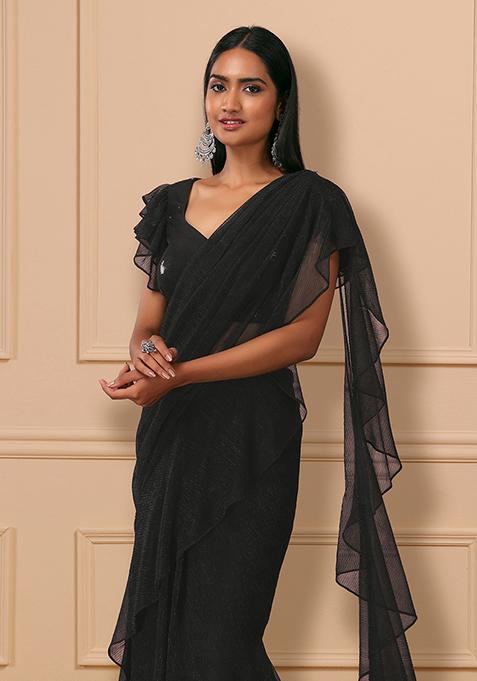 BLACK PRE-STITCHED SAREE main image 1