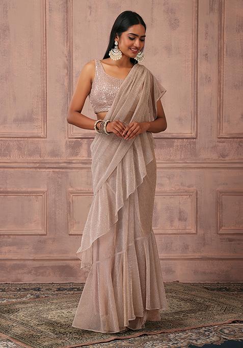 Rose Gold Ruffled Pre-Stitched Saree Set With Sequin Embroidered Blouse