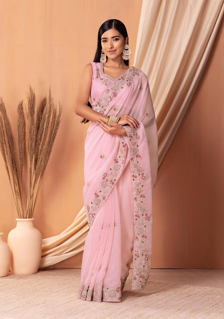 Buy Women Pastel Pink Multicolour Boota Embroidered Saree Set With Blouse -  Sorbet Hues - Indya