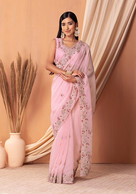 Pastel Pink Multicolour Boota Embroidered Saree Set With Blouse