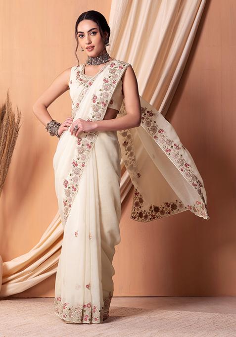 Ivory Multicolour Boota Embroidered Saree Set With Blouse