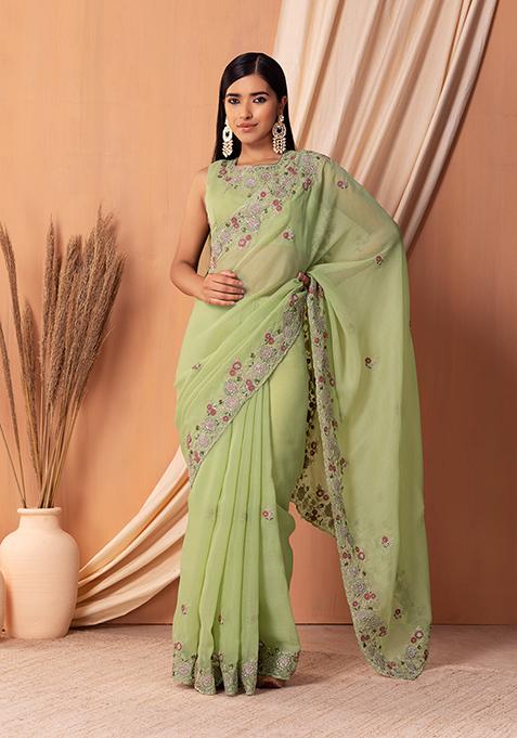 Pastel Green Multicolour Boota Embroidered Saree Set With Blouse