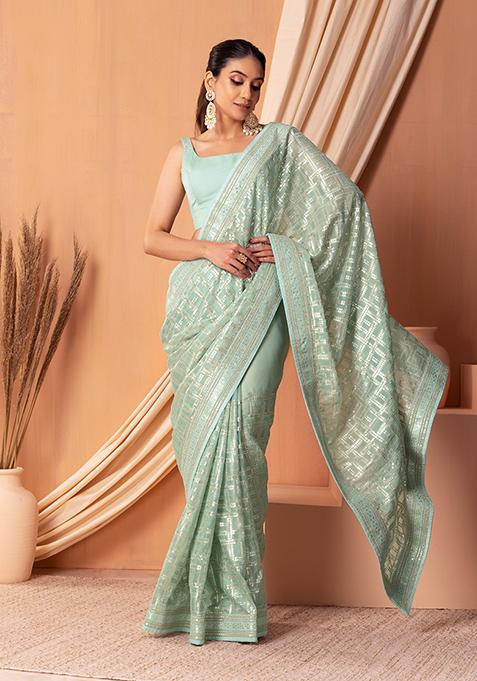 Light Green Matte Sequin Embroidered Saree Set With Blouse