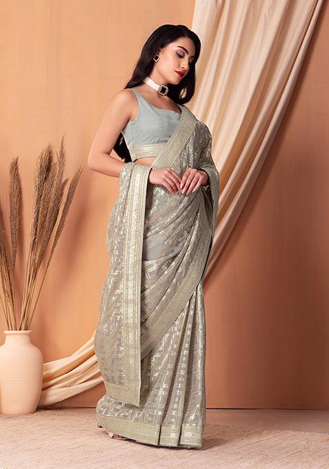Grey Matte Sequin Embroidered Saree Set With Blouse