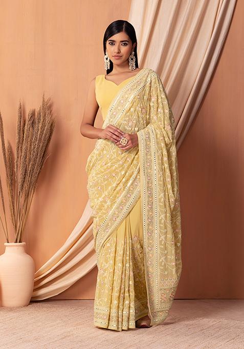 Beige Floral Embroidered Saree Set With Blouse