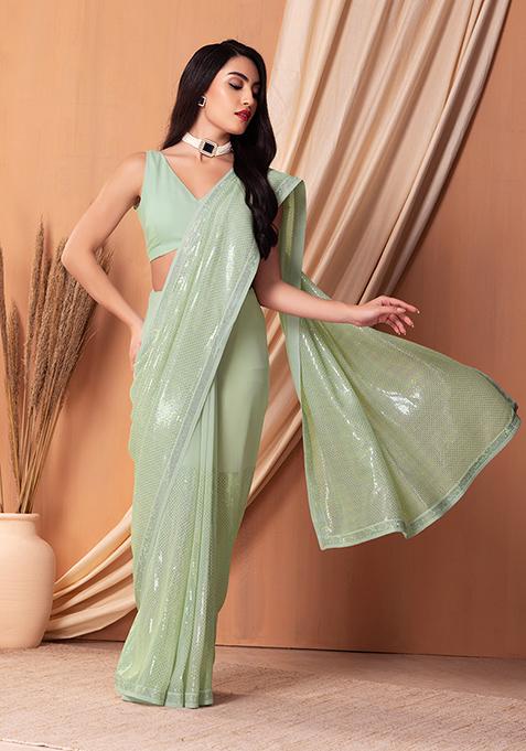 Pastel Green Sequin Embroidered Saree Set With Blouse