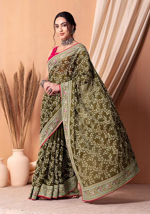 Green Zari Embroidered Saree Set With Contrast Blouse