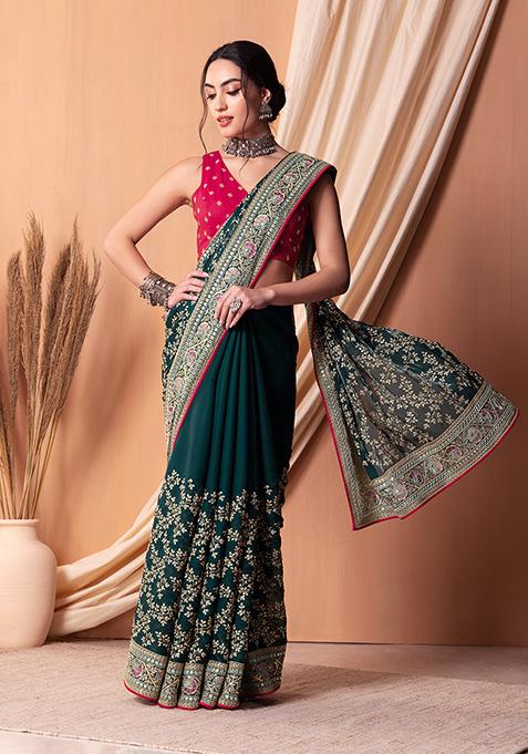Teal Zari Embroidered Saree Set With Contrast Blouse