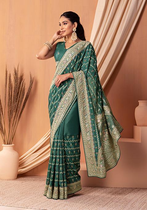 Dark Green Floral Embroidered Saree Set With Blouse