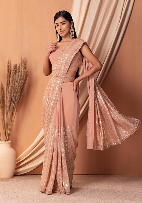 Peach Matte Sequin Embroidered Saree Set With Blouse And Belt