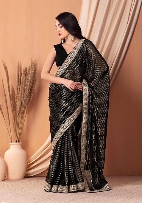Black Sequin Embroidered Saree Set With Blouse