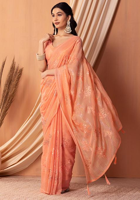 Peach Floral Embroidered Saree Set With Blouse