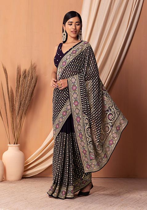 Dark Purple Floral Embroidered Saree Set With Blouse
