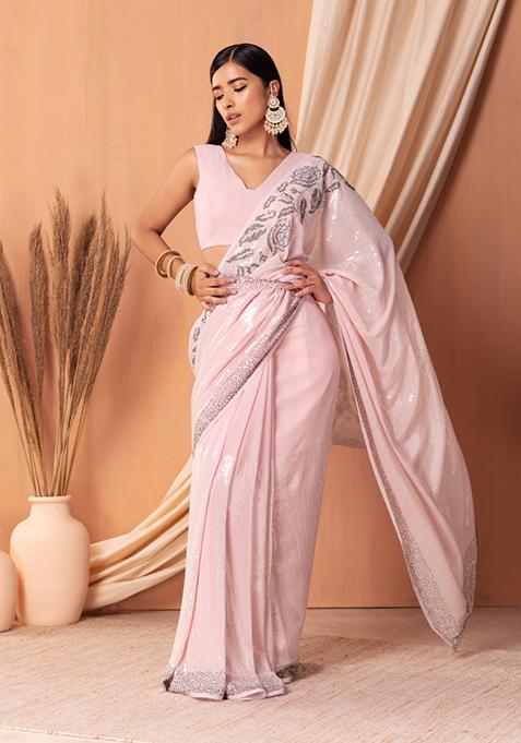 Pastel Pink Stone Embellished Saree Set With Blouse