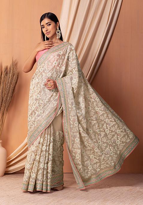 Beige Multicolour Thread Embroidered Saree Set With Contrast Blouse