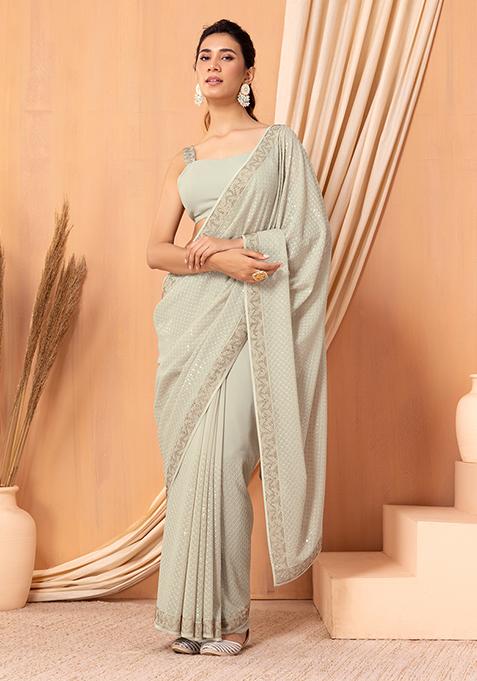 Light Grey Embellished Saree Set With Blouse