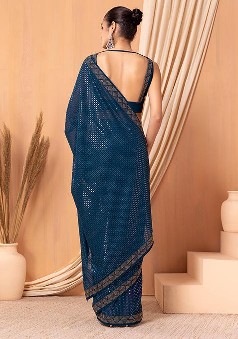 Women's Net Teal blue Embellished Designer Saree With Blouse Piece