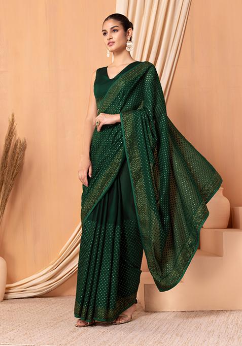 Deep Green Stone Embellished Saree Set With Blouse